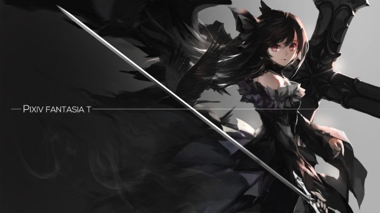 Pixiv Fantasia T, Original characters, Black dress, Sword, Long hair, Red eyes, Twintails, Anime girls, Anime, Swd3e2 HD Wallpaper Desktop Background