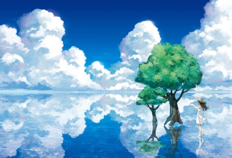 clouds, Sky, Sun hats, Fantasy art, Trees, White dress, Water HD Wallpaper Desktop Background