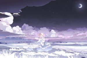 anime girls, Night, Moon, Clouds, White dress, Stars