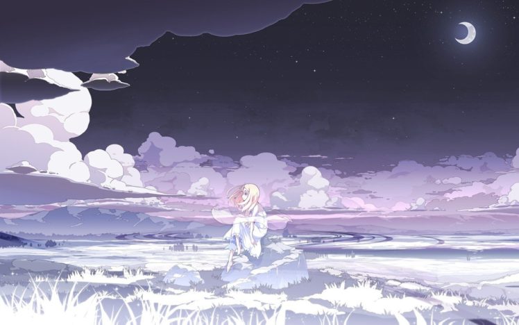 anime girls, Night, Moon, Clouds, White dress, Stars HD Wallpaper Desktop Background