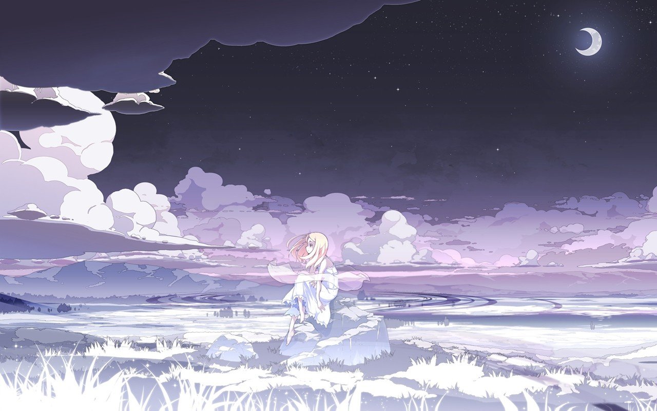 anime girls, Night, Moon, Clouds, White dress, Stars Wallpaper