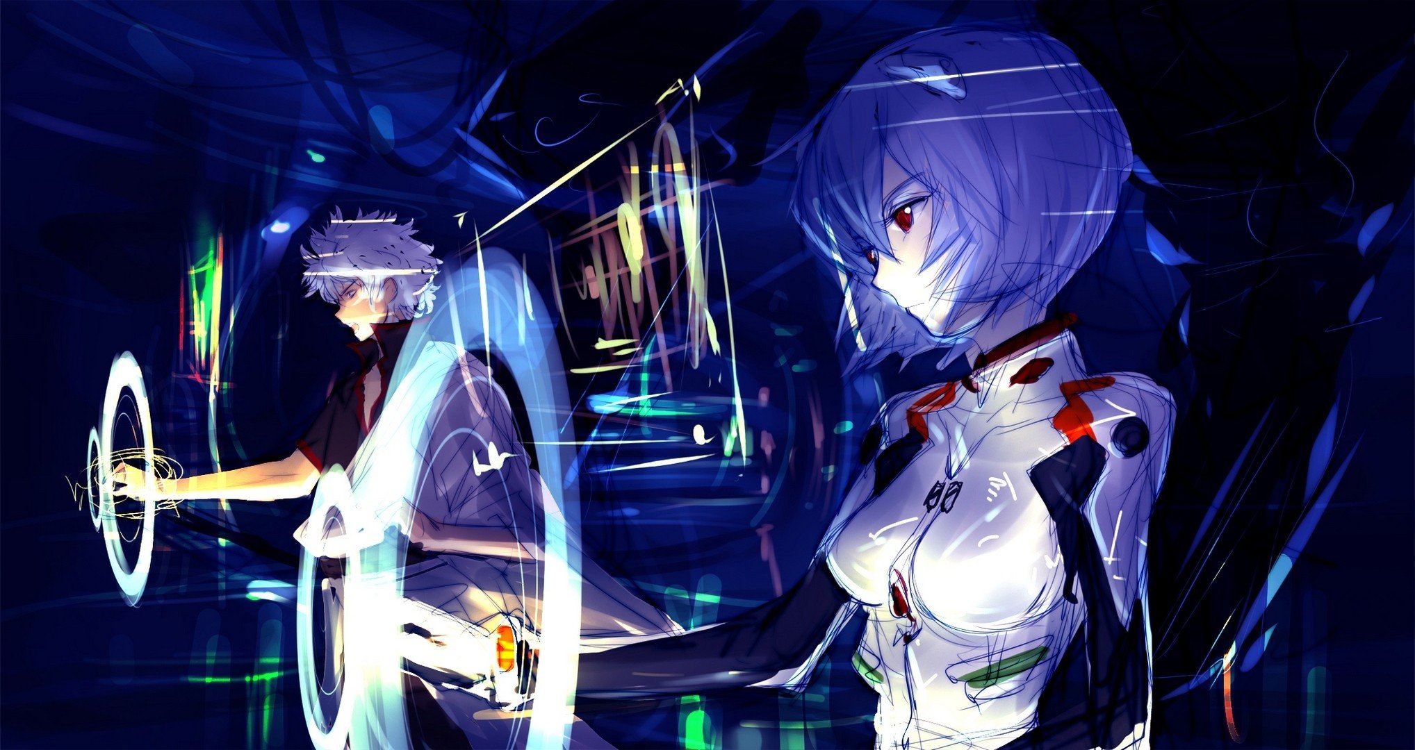anime girls, Artwork, Ayanami Rei, Sakata Gintoki, Gintama, Neon Genesis Evangelion Wallpaper