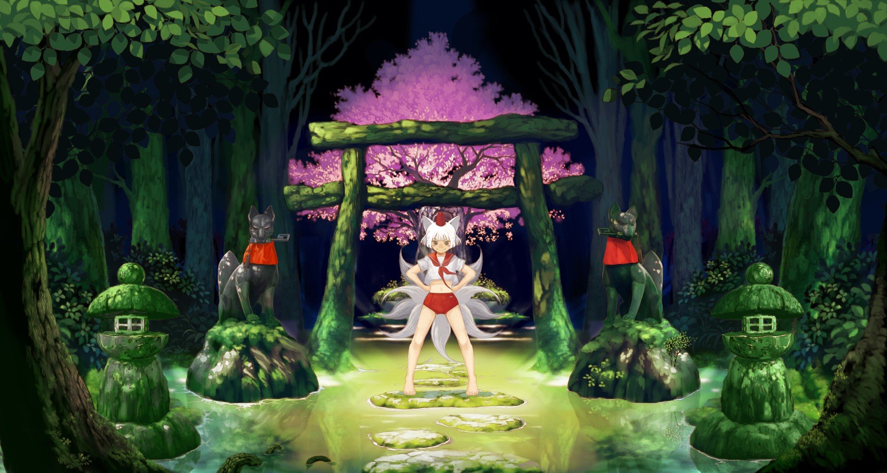 fox girl, White hair, Cherry blossom Wallpaper