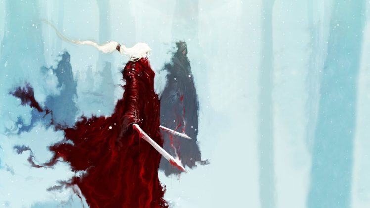 fantasy art, Winter, Sword, Red HD Wallpaper Desktop Background