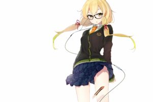 anime girls, Anime, Simple background, Legs, Skirt, Lifting skirt, Blonde, School uniform, Glasses