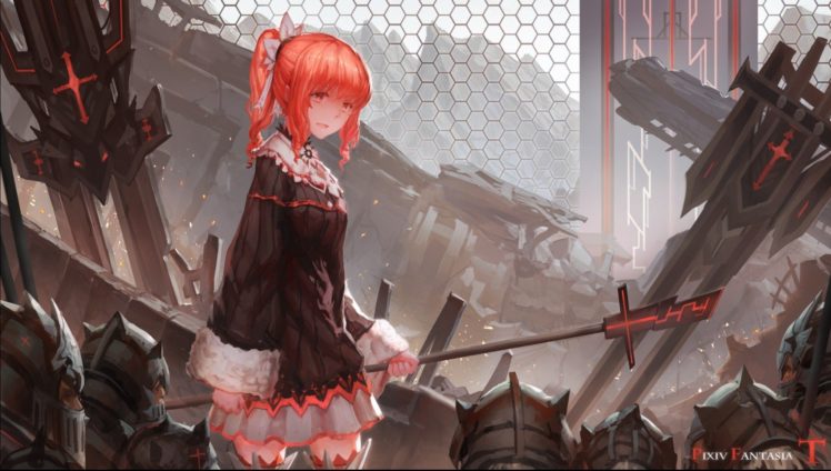 anime girls, Anime, Skirt, Long hair, Redhead, Black dress, Science fiction, Helmet HD Wallpaper Desktop Background