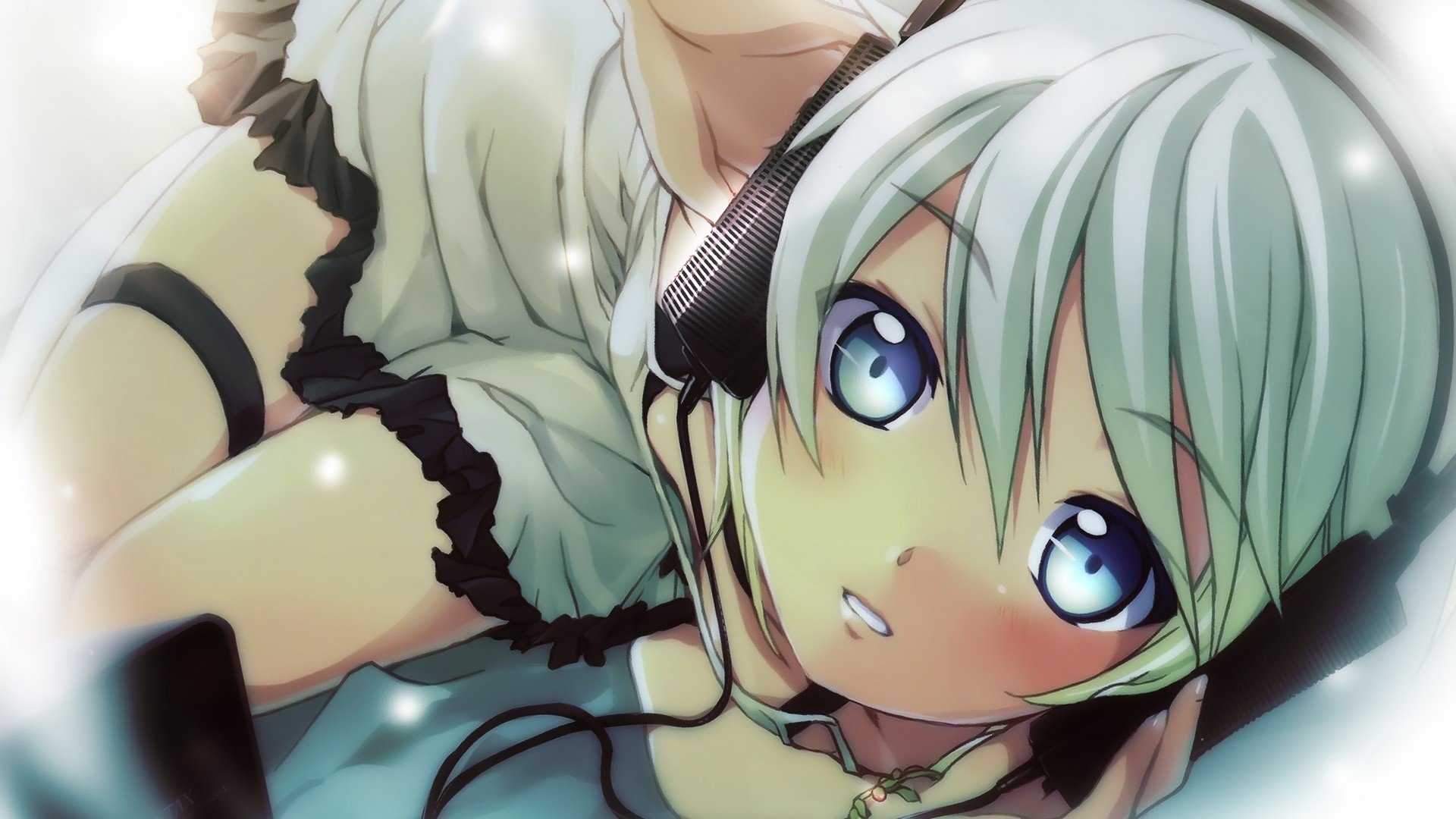 anime girls, Blue eyes, Headphones Wallpaper