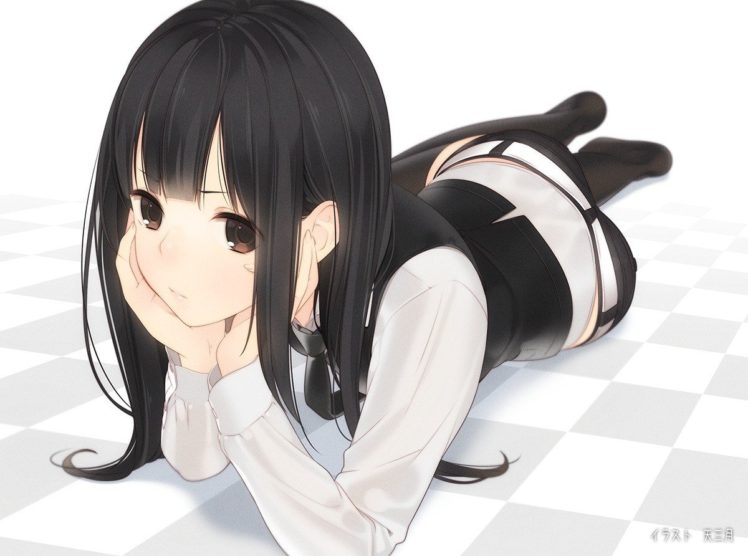 anime girls, Anime, Long hair, Black hair, Knee highs, Black dress, White dress, Pantyhose HD Wallpaper Desktop Background