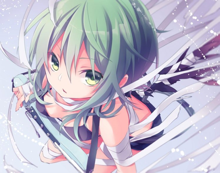 anime girls, Anime, Long hair, Weapon, Green hair, Bra, Shorts, Cleavage HD Wallpaper Desktop Background