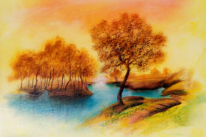 drawing, Landscape, River, Trees, Peace, Autumn
