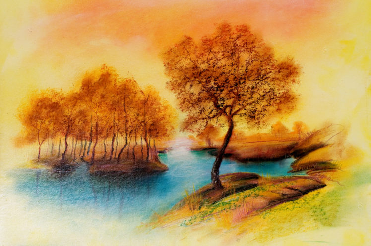 drawing, Landscape, River, Trees, Peace, Autumn HD Wallpaper Desktop Background