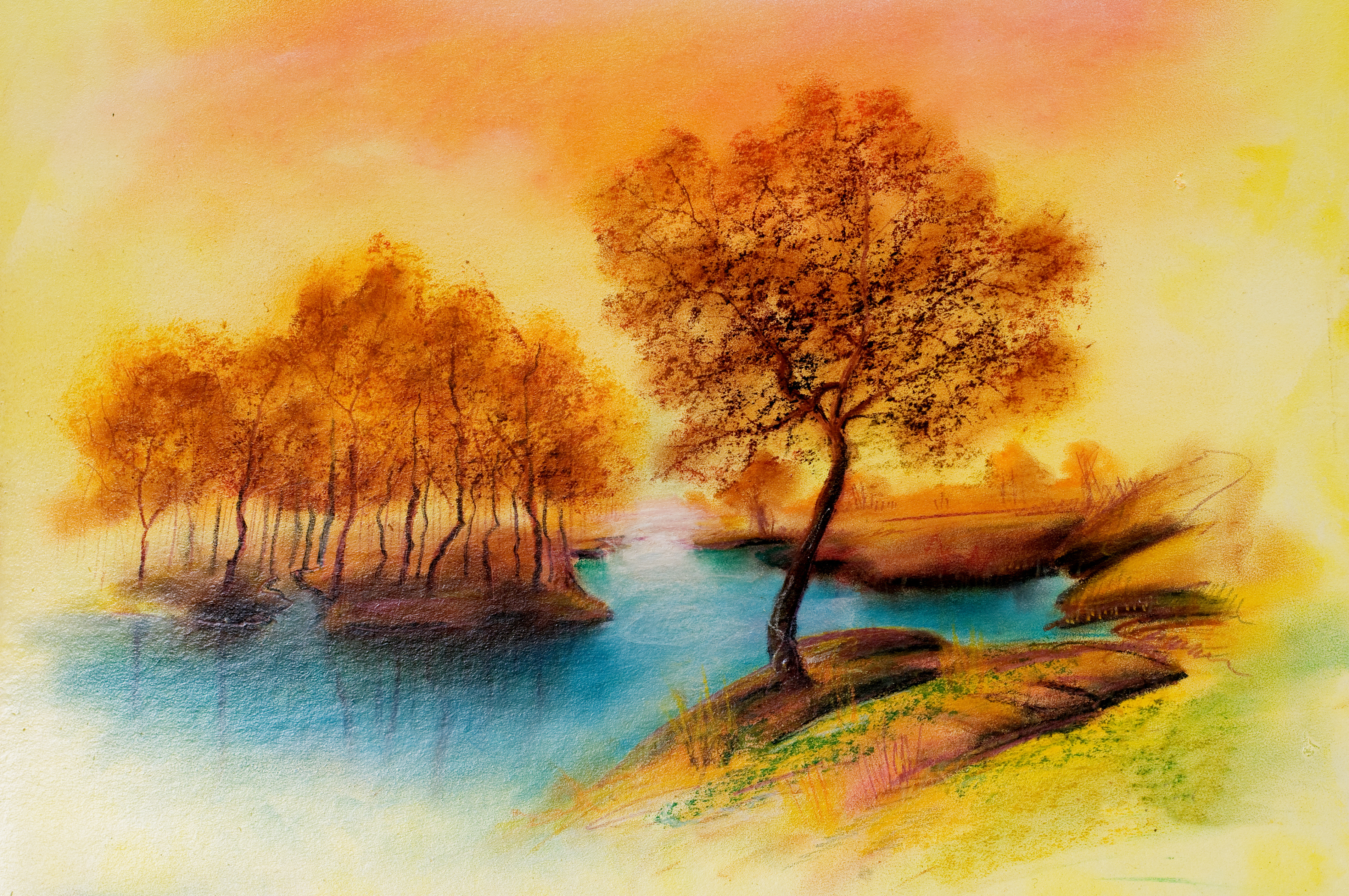 drawing, Landscape, River, Trees, Peace, Autumn Wallpaper