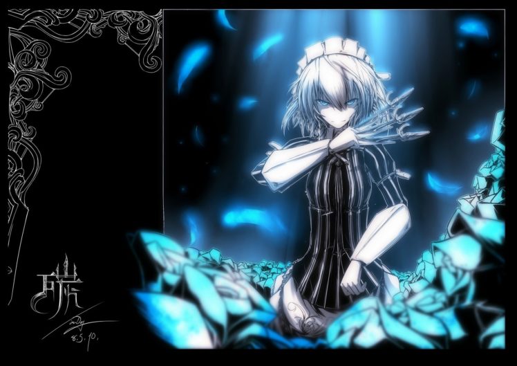Touhou, Izayoi Sakuya, Maid, Black dress, Knife, Looking at viewer, Grey hair, Blue eyes HD Wallpaper Desktop Background