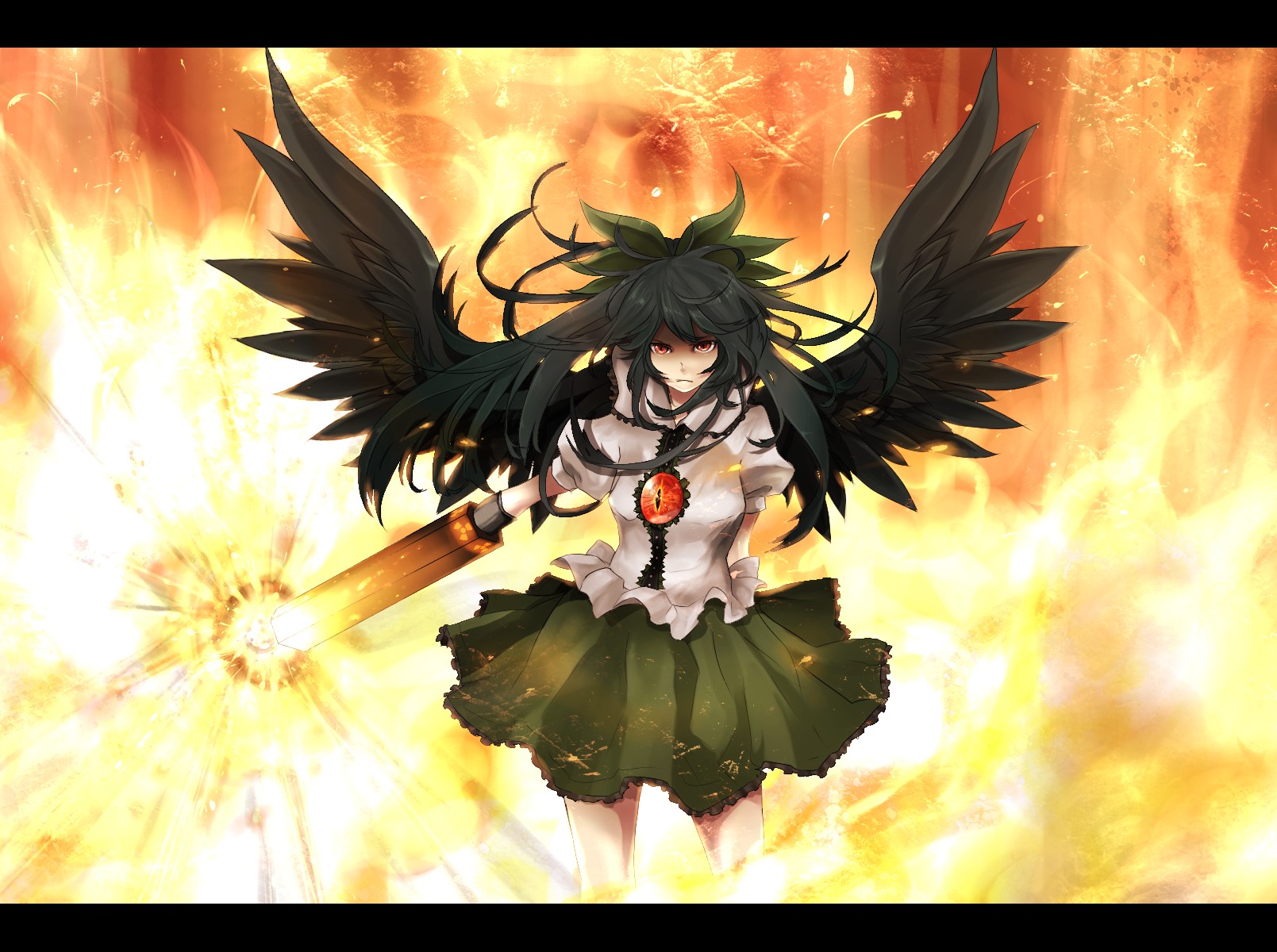 Touhou, Reiuji Utsuho, Green, Skirt, Red eyes, Wings, Nuclear, Flares, Fire, Neota Wallpaper