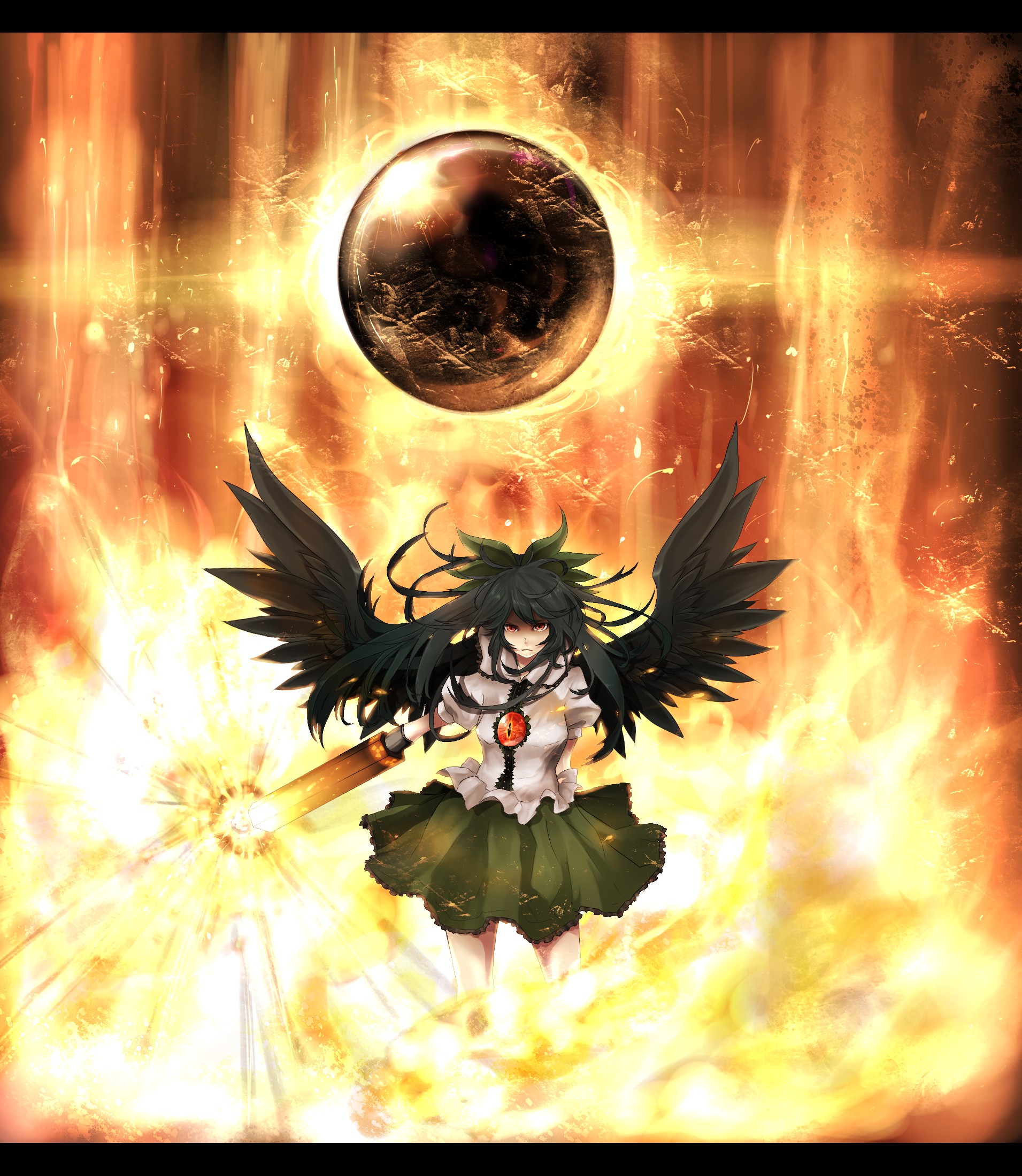 Touhou, Reiuji Utsuho, Green, Skirt, Red eyes, Wings, Nuclear, Flares, Fire, Neota Wallpaper