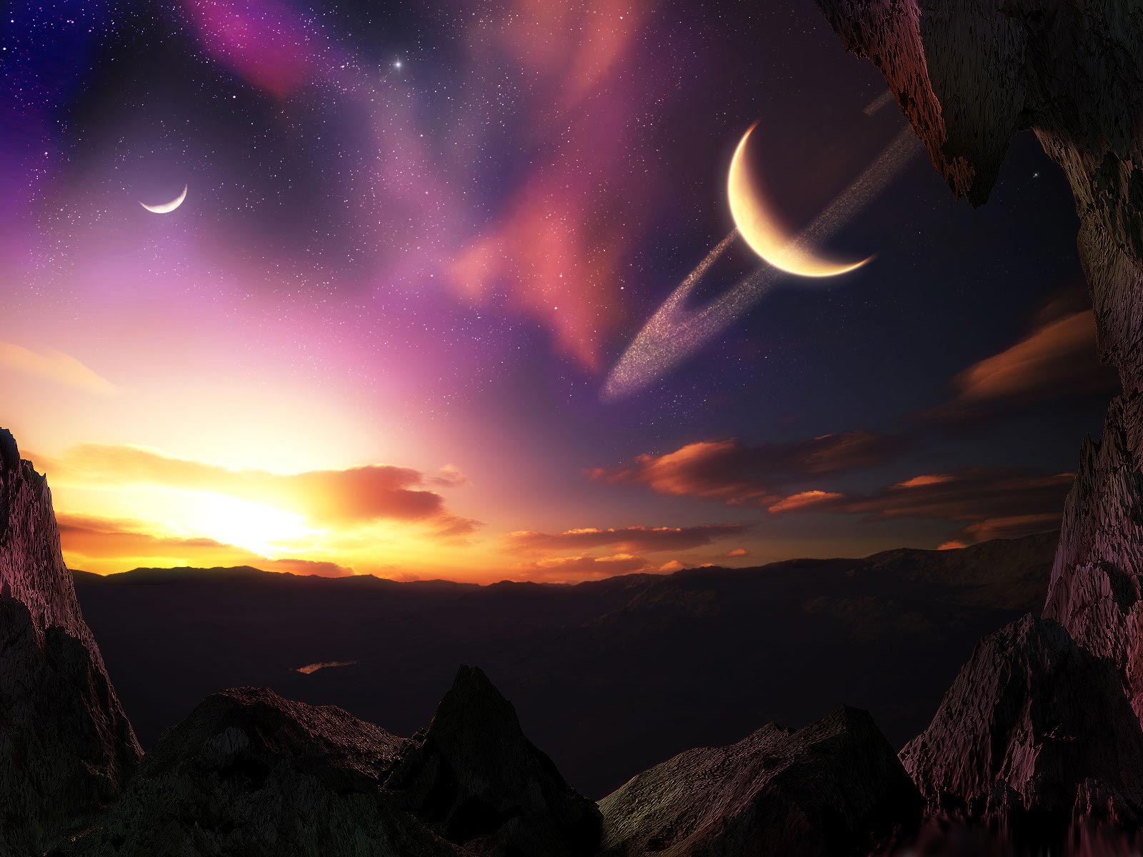 mountains, Outer, Space, Horizon, Planets, Rings, Digital, Art, Science, Fiction, Alien, Landscapes, Moons Wallpaper