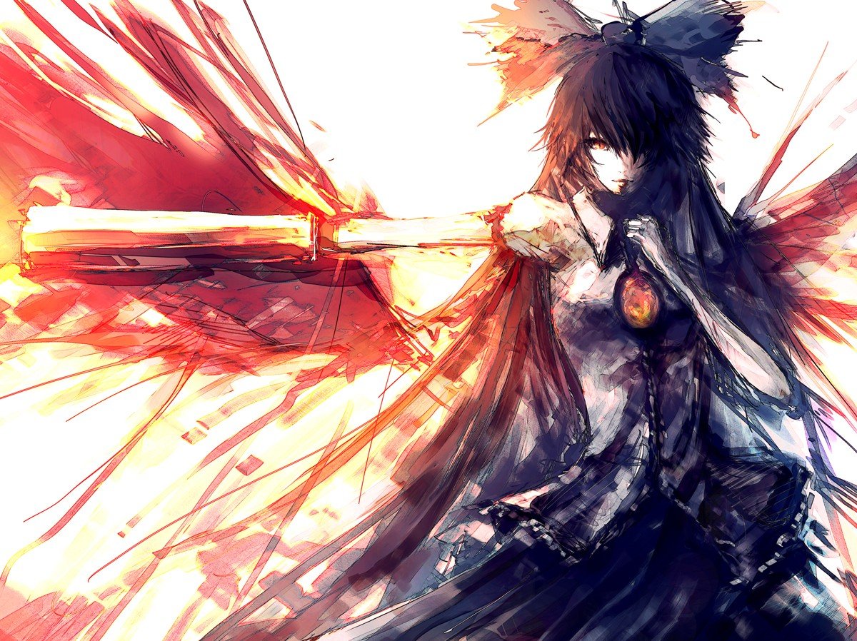 Reiuji Utsuho, Black hair, Red eyes, Green, Skirt, Wings Wallpaper