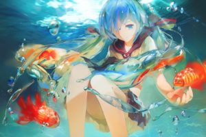 anime, Hatsune Miku, Vocaloid, Bottle Miku, Fish, Bubbles, Underwater