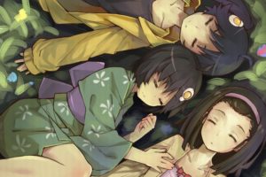 kimono, Sleeping, Anime girls, Grass, Monogatari Series, Araragi Tsukihi, Araragi Karen, Sengoku Nadeko