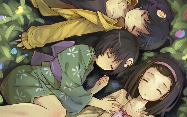 kimono, Sleeping, Anime girls, Grass, Monogatari Series, Araragi Tsukihi, Araragi Karen, Sengoku Nadeko HD Wallpaper Desktop Background