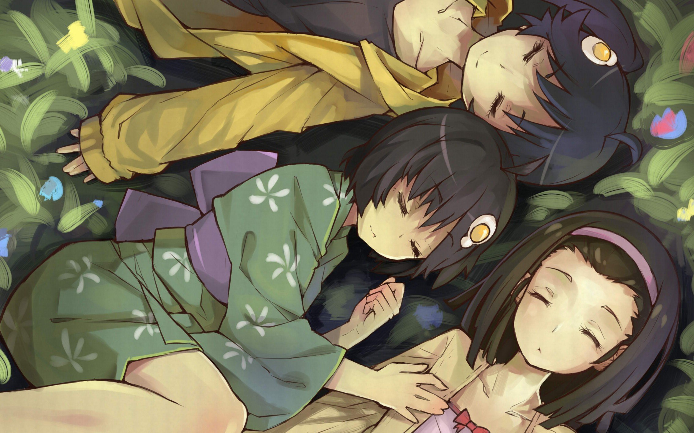 kimono, Sleeping, Anime girls, Grass, Monogatari Series, Araragi Tsukihi, Araragi Karen, Sengoku Nadeko Wallpaper