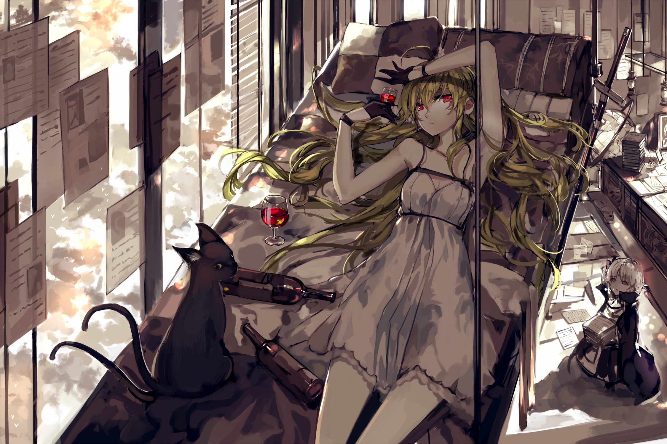 cat, Bottles, Dress, Anime girls Wallpaper
