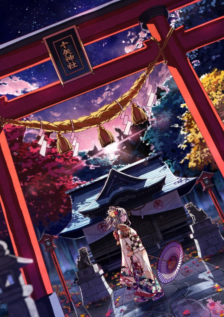 traditional clothing, Night, Stars, Kimono, Umbrella HD Wallpaper Desktop Background