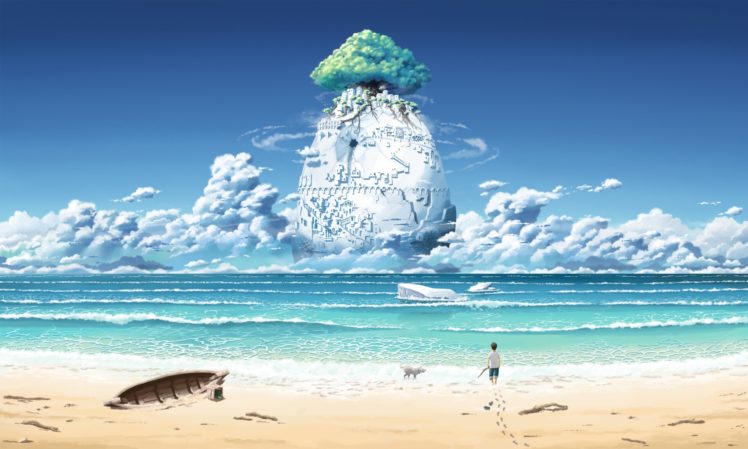 beach, Sea, Clouds, Trees, Fantasy art, Waves HD Wallpaper Desktop Background