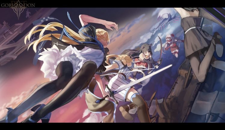 anime girls, Anime, Long hair, Weapon, Sword, Pantyhose, Knee highs, Skirt, Black dress, Blonde HD Wallpaper Desktop Background