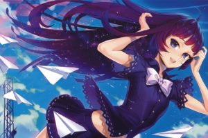 anime girls, Purple hair, Long hair, Paper planes