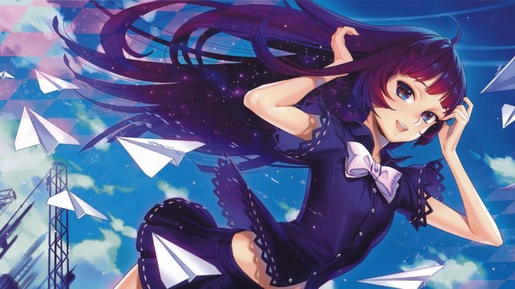 anime girls, Purple hair, Long hair, Paper planes HD Wallpaper Desktop Background