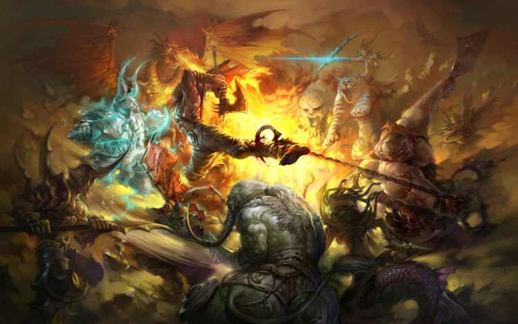 dragons, Monsters, Fire, Tigers, Fantasy, Art, Dota, Warriors, Action, Swords, Bow,  weapon , Warcraft, Iii HD Wallpaper Desktop Background