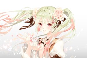 Vocaloid, Hatsune Miku, Long hair, Flower in hair, Twintails, Ribbon, Flower petals, Anime girls, Anime