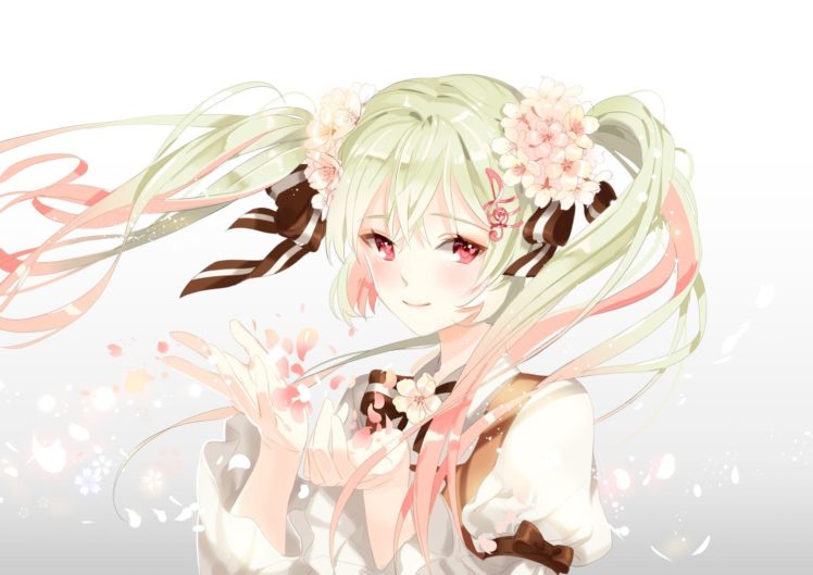 Vocaloid, Hatsune Miku, Long hair, Flower in hair, Twintails, Ribbon, Flower petals, Anime girls, Anime HD Wallpaper Desktop Background