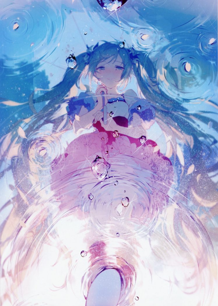 anime, Hatsune Miku, Long hair, Twintails, Dress, Flower petals, Umbrella, Water, Crying, Anime girls, Vocaloid HD Wallpaper Desktop Background