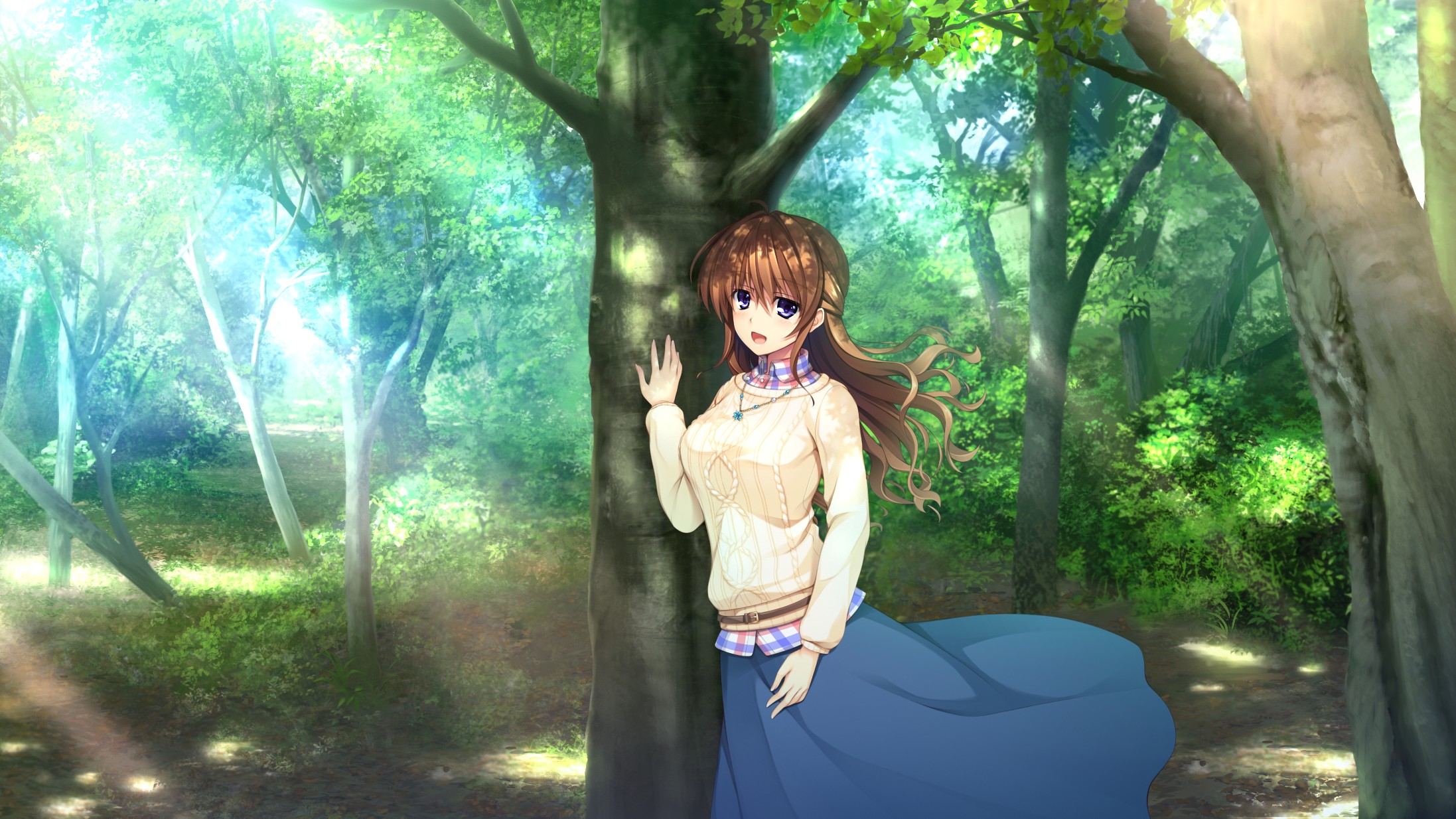 anime girls, Long hair, Trees Wallpaper