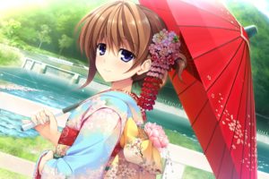 anime girls, Japanese umbrella, Kimono