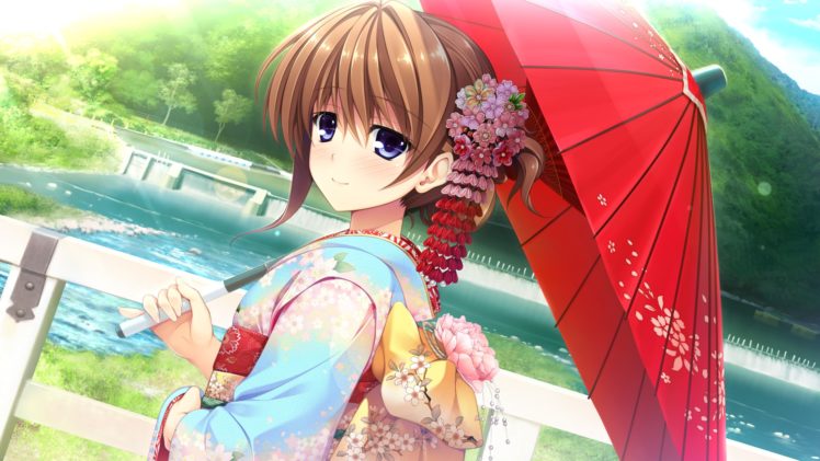 anime girls, Japanese umbrella, Kimono HD Wallpaper Desktop Background