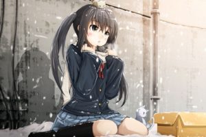snow, Kittens, Anime, Anime girls, K ON!, Nakano Azusa, Cat, School uniform, Schoolgirls