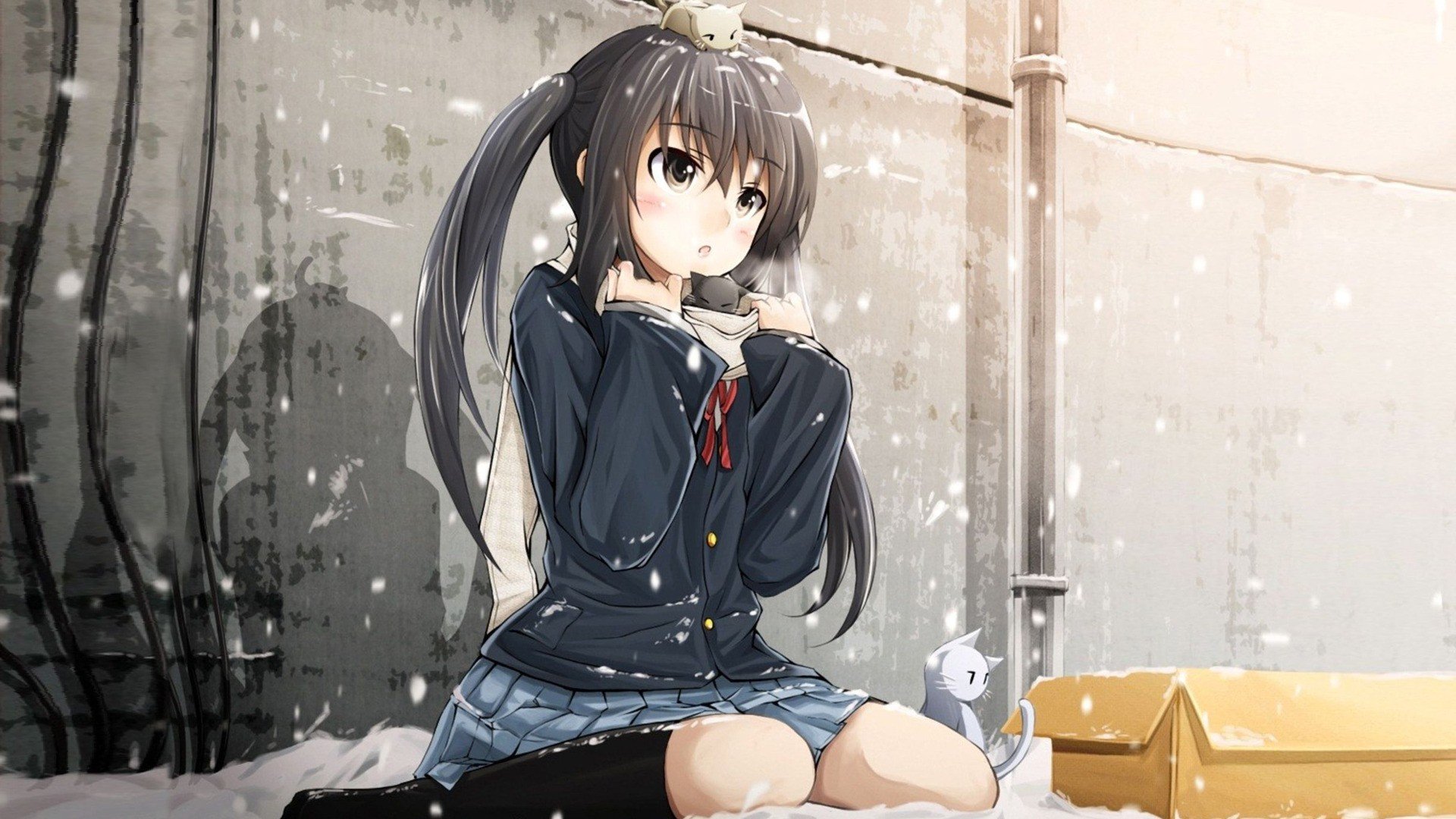 snow, Kittens, Anime, Anime girls, K ON!, Nakano Azusa, Cat, School uniform, Schoolgirls Wallpaper