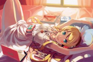 anime girls, VAIO, Laptop, Blue eyes, Lying down, Dress, White dress, Legs, Legs together, Painted nails, Headphones, Consoles, Console