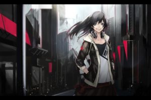 anime girls, Anime, Long hair, Dark hair, Headphones, Jacket