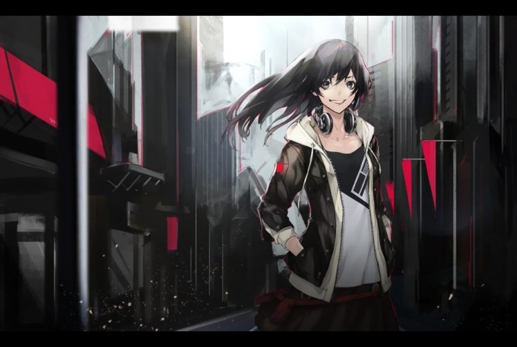 anime girls, Anime, Long hair, Dark hair, Headphones, Jacket HD Wallpaper Desktop Background