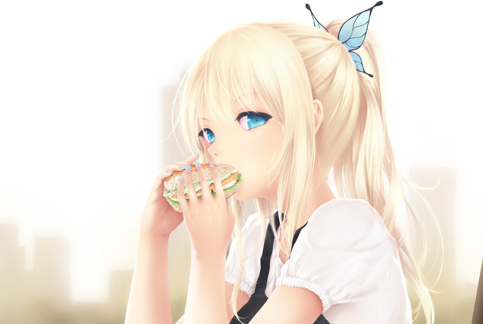 anime girls, Anime, Simple background, Long hair, Blonde, Burgers, Eating, Blue eyes, White dress, Kashiwazaki Sena Wallpaper