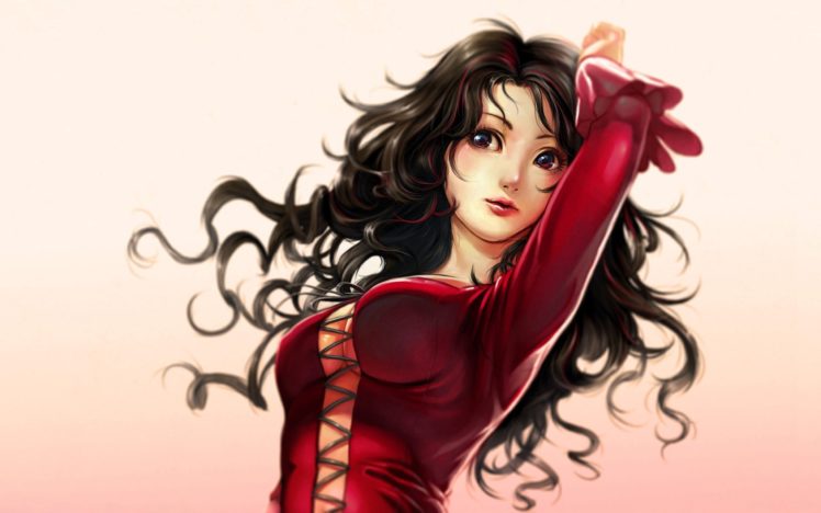 anime girls, Brunette, Dress, Red dress, Curly hair, Long hair HD Wallpaper Desktop Background