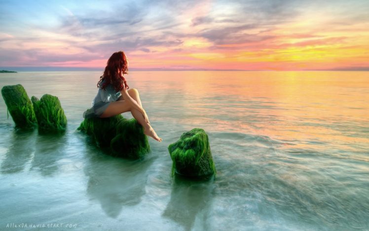 women, Redheads, Rocks, Barefoot, Fantasy, Art, Sitting, Seaweed, Sea HD Wallpaper Desktop Background