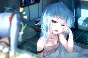 anime, Sleepy, Anime girls, Turquoise hair, Turquoise eyes, In bed, Blue, Vocaloid, Hatsune Miku, Manga