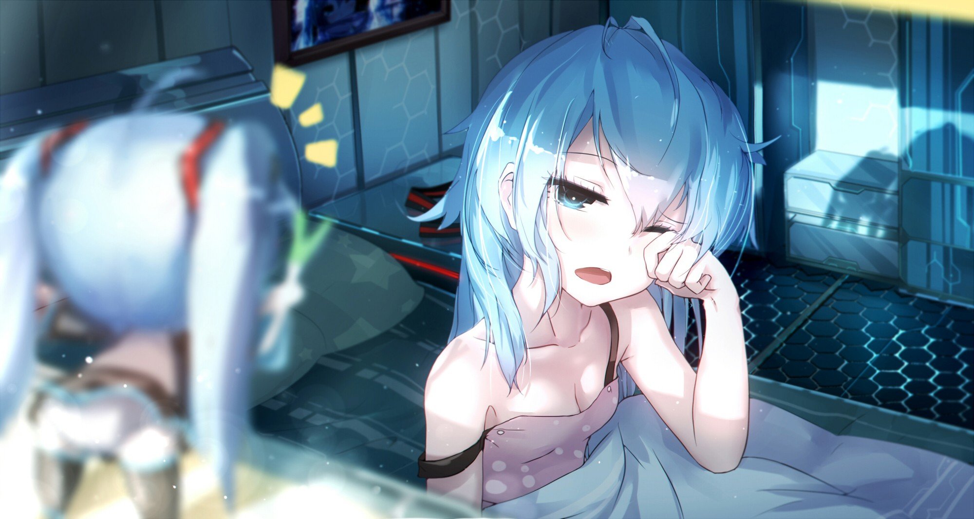 anime, Sleepy, Anime girls, Turquoise hair, Turquoise eyes, In bed
