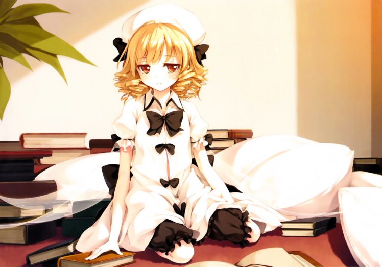 Touhou, Luna Child, Ke ta, Anime girls, Books, Pillow, Wings, Brown eyes, Blonde HD Wallpaper Desktop Background