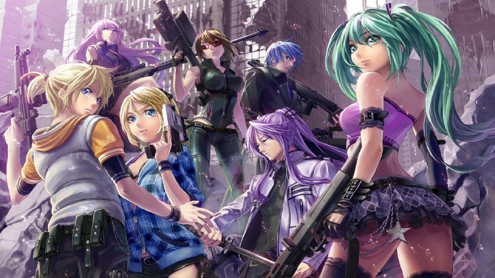 anime girls, Anime, Gun, Vocaloid, Megurine Luka, Kagamine Rin, Kagamine Len, Hatsune Miku Wallpaper